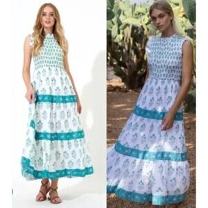 Oliphant Smocked Sleeveless Maxi Midi Dress Indica Blue Tuckernuck Block Print